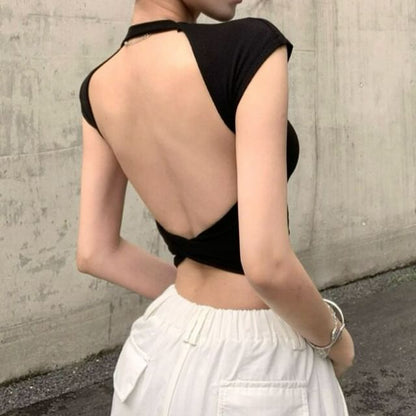 Round Neck Cutout Back Tee with Cap Sleeves