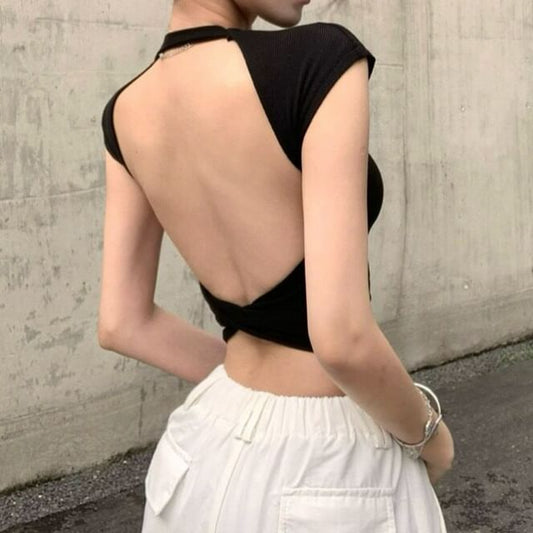 Round Neck Cutout Back Tee with Cap Sleeves