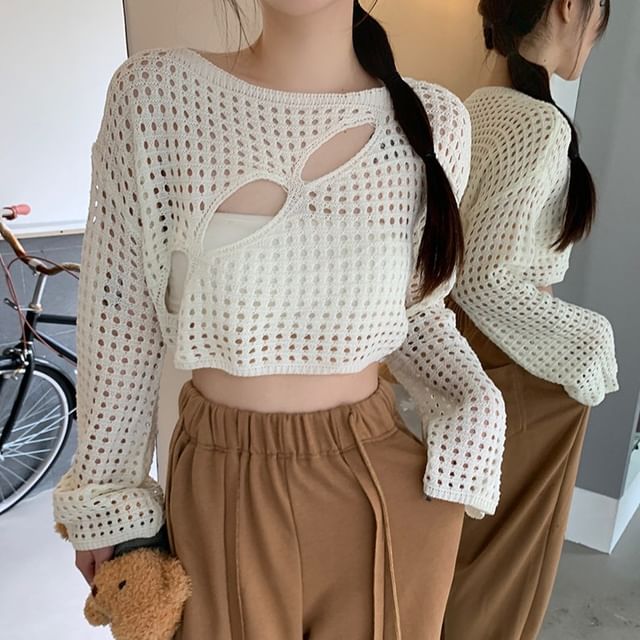 Cutout Knit Crop Top with Boat Neck and Long Sleeves