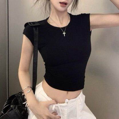 Round Neck Cutout Back Tee with Cap Sleeves