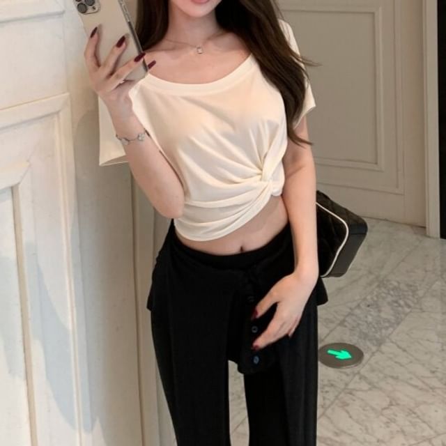 Ruched Crop Top and Flared Pants Two-Piece