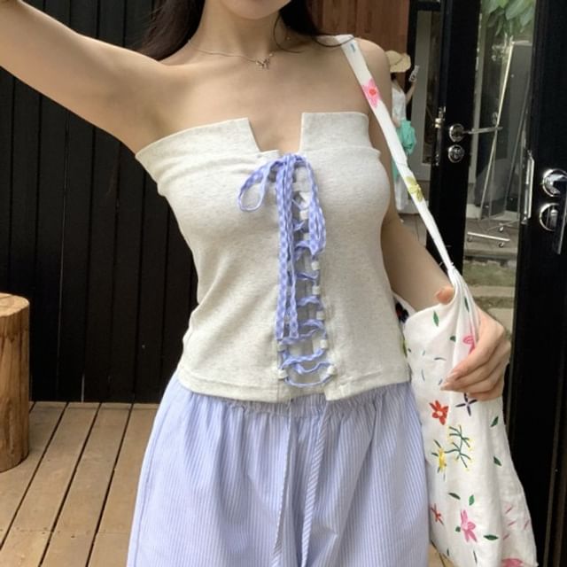 Plaid Lace-Up Strapless Crop Top