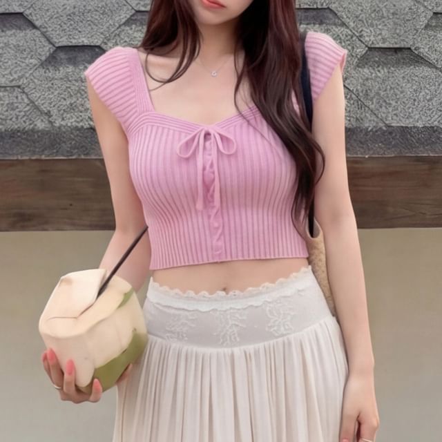 Ribbed Square-Neck Lace-Up Crop Knit with Cap Sleeves
