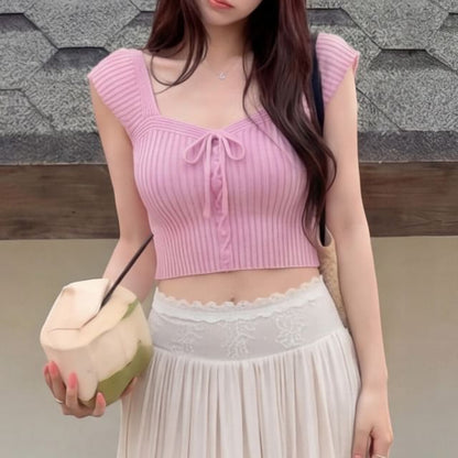 Ribbed Square-Neck Lace-Up Crop Knit with Cap Sleeves