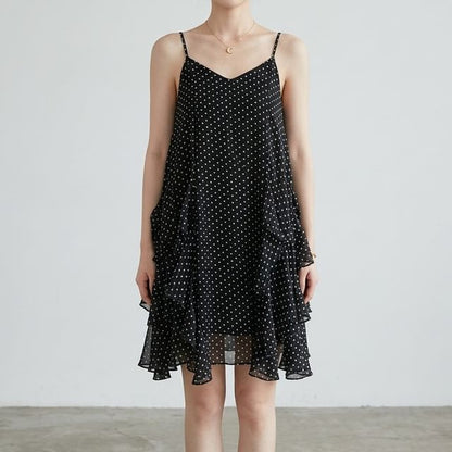Spaghetti Strap Dotted Asymmetrical Ruffled Mini A-Line Dress