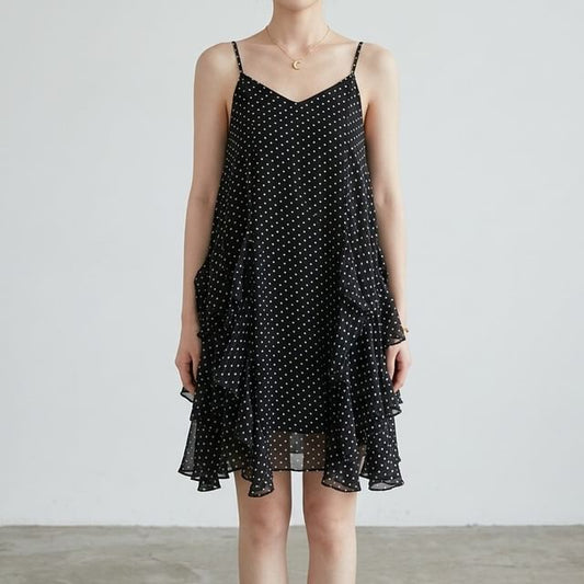 Spaghetti Strap Dotted Asymmetrical Ruffled Mini A-Line Dress