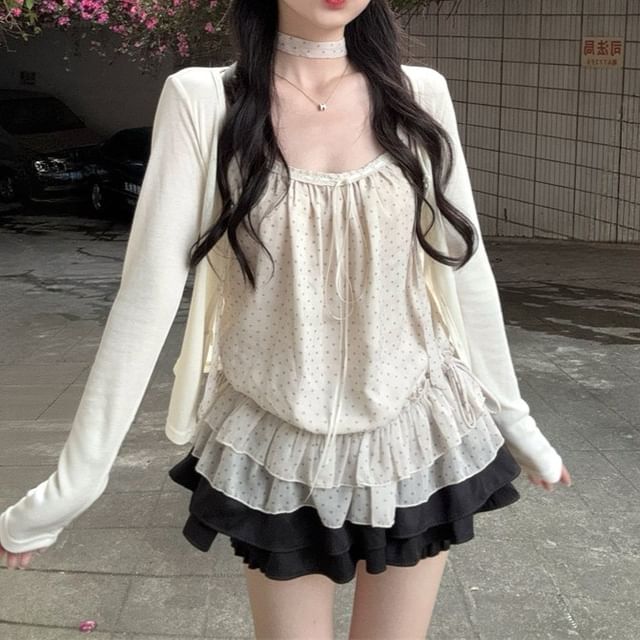 Dotted Drawstring Cami and Cardigan Set