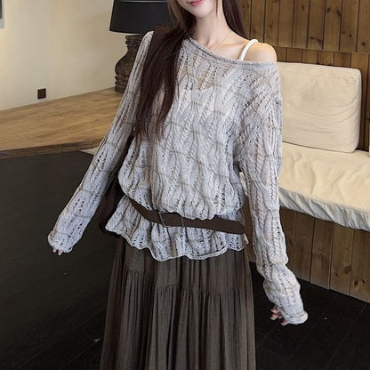 Pointelle Knit Boat Neck Top with Midi Skirt and Belt