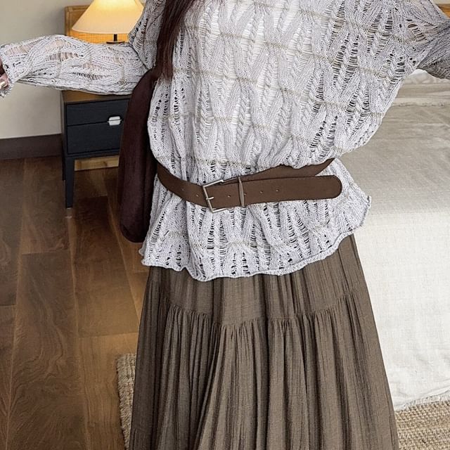 Pointelle Knit Boat Neck Top with Midi Skirt and Belt
