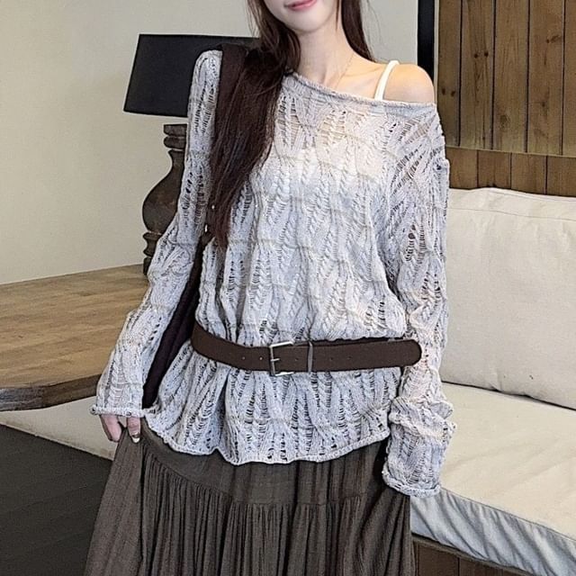 Pointelle Knit Boat Neck Top with Midi Skirt and Belt