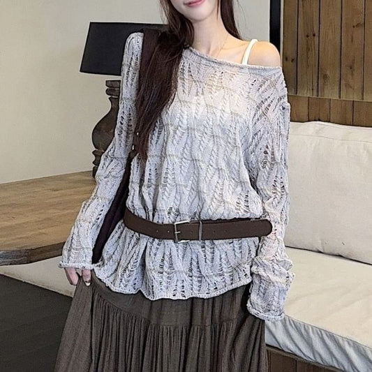 Pointelle Knit Boat Neck Top with Midi Skirt and Belt