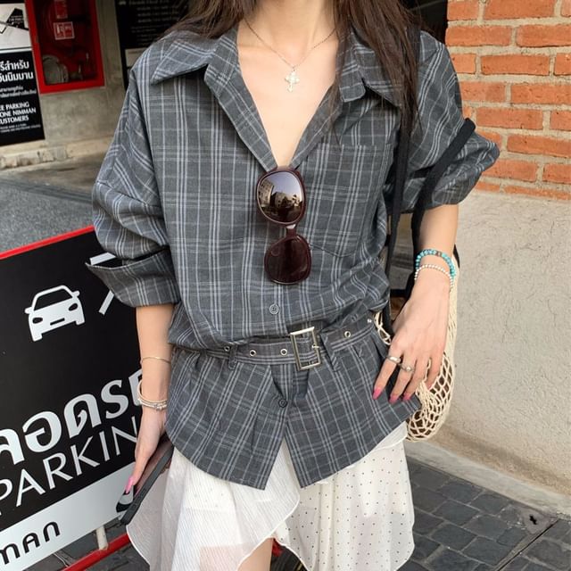 Plaid Collared Shirt and Asymmetrical Dotted Skirt Set