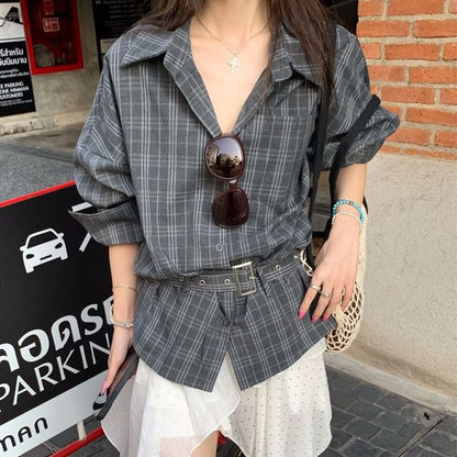Plaid Collared Shirt and Asymmetrical Dotted Skirt Set