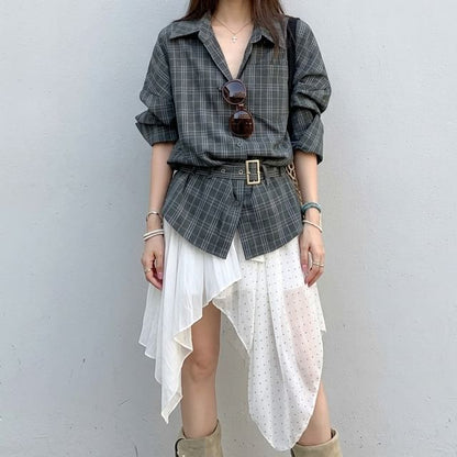 Plaid Collared Shirt and Asymmetrical Dotted Skirt Set