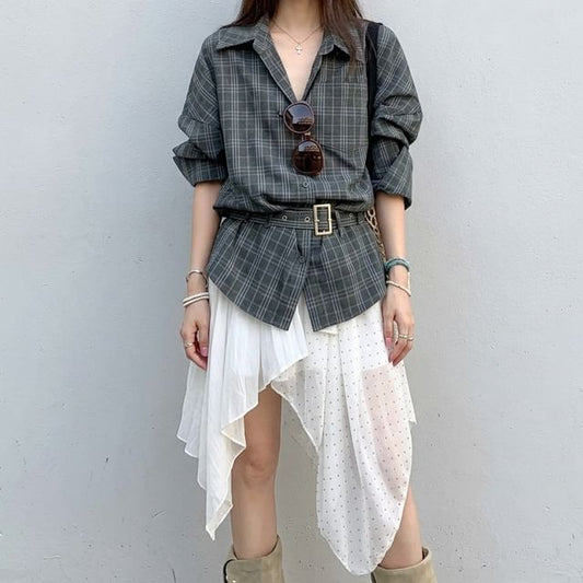 Plaid Collared Shirt and Asymmetrical Dotted Skirt Set