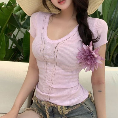 Ribbed V-Neck Knit Top with Short Sleeves