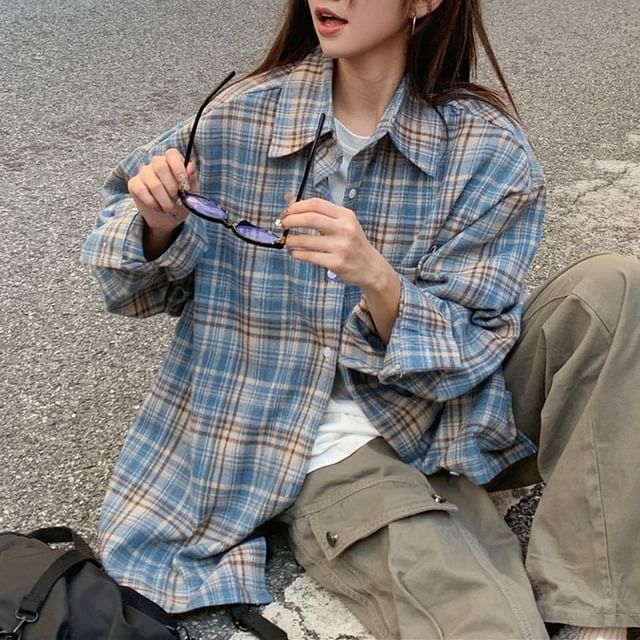 Oversized Plaid Collared Button-Down Shirt