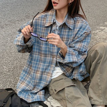 Oversized Plaid Collared Button-Down Shirt
