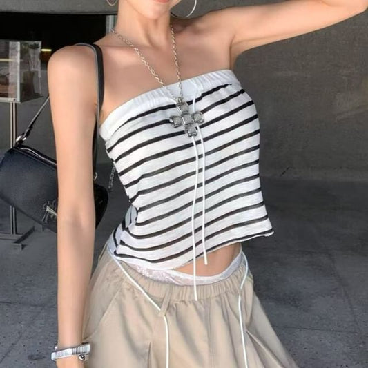 Striped Off-Shoulder Crop Tube Top