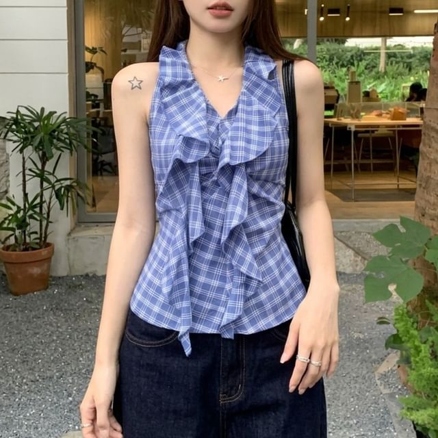 Ruffle-Trim Plaid V-Neck Sleeveless Top