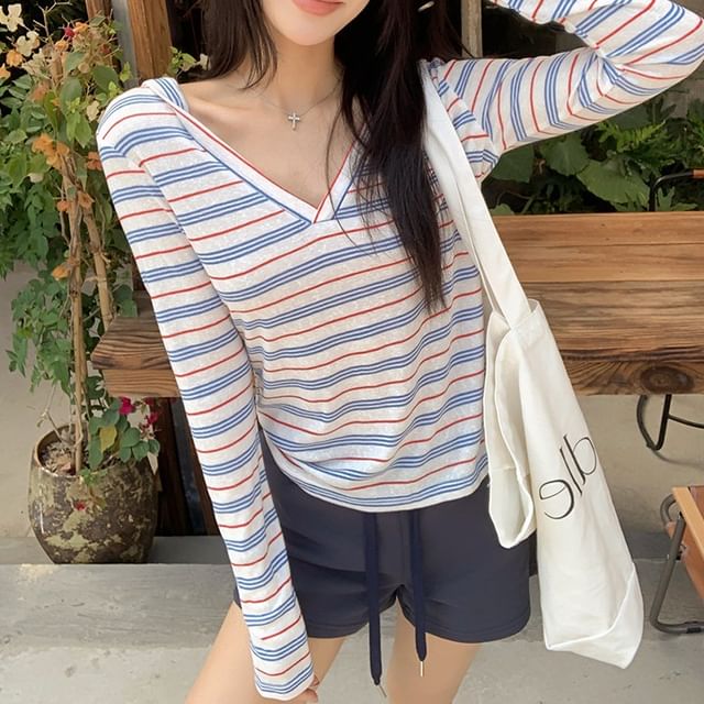 Striped V-Neck Pullover Hoodie