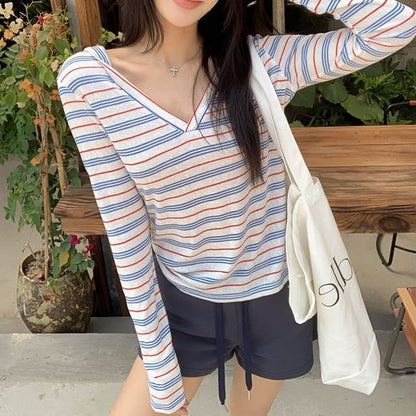 Striped V-Neck Pullover Hoodie