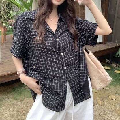 Windowpane Check Blouse with Elbow Sleeves