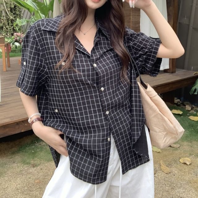 Windowpane Check Blouse with Elbow Sleeves