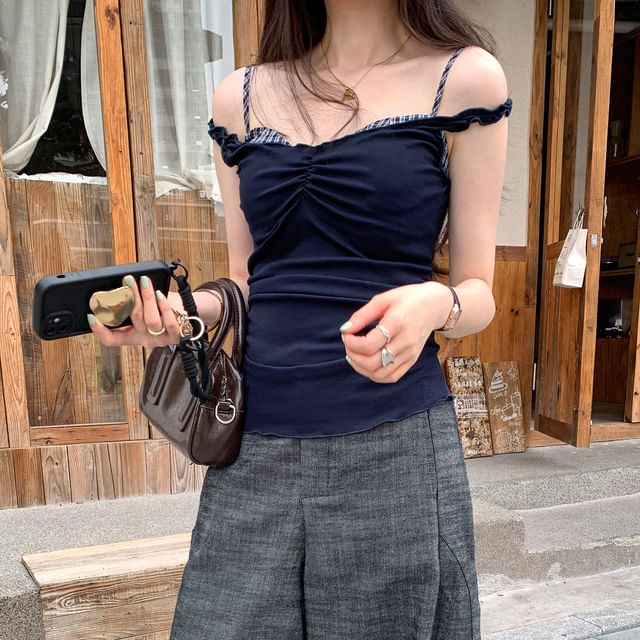 Ruched Plaid Camisole with Mock Layering