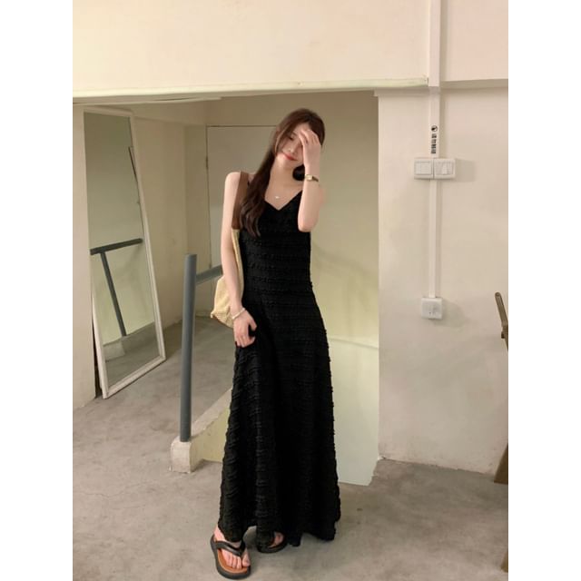 Spaghetti Strap V-Neck Plain Lace Trim Maxi A-Line Dress