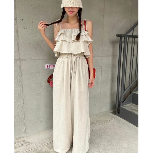 Flowy Ruffle Crop Camisole and Wide-Leg Trousers Co-ord
