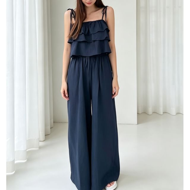 Flowy Ruffle Crop Camisole and Wide-Leg Trousers Co-ord
