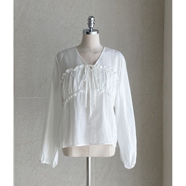 Long Sleeve V-Neck Frill Tie Front Ruched Blouse
