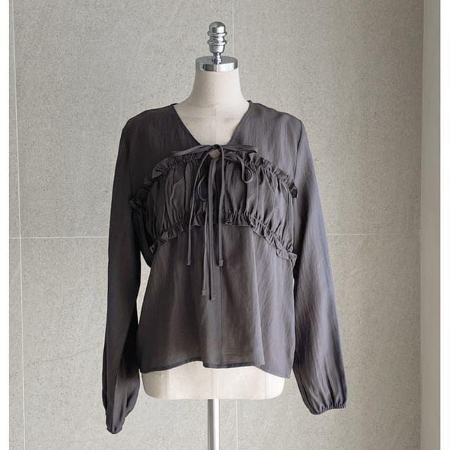 Long Sleeve V-Neck Frill Tie Front Ruched Blouse