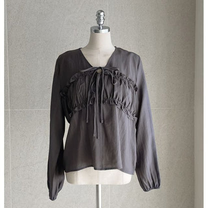 Long Sleeve V-Neck Frill Tie Front Ruched Blouse