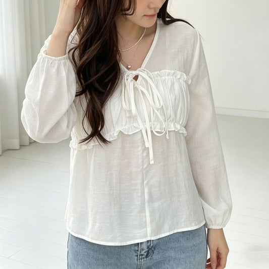 Long Sleeve V-Neck Frill Tie Front Ruched Blouse