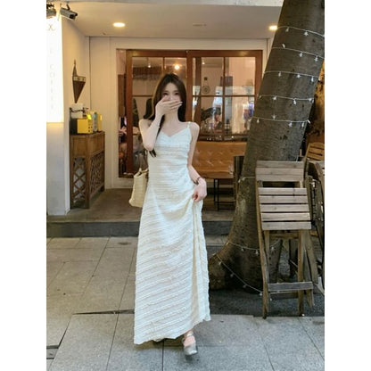 Spaghetti Strap V-Neck Plain Lace Trim Maxi A-Line Dress