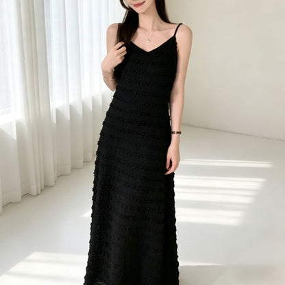 Spaghetti Strap V-Neck Plain Lace Trim Maxi A-Line Dress
