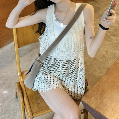 V-Neck Crochet Knit Tank Top