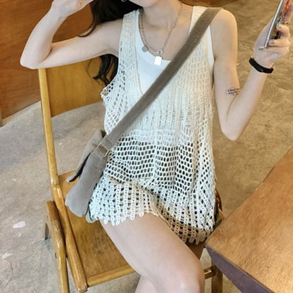 V-Neck Crochet Knit Tank Top