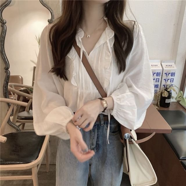 Puff Sleeve Notch Neck Ruffle Blouse in Solid