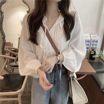 Puff Sleeve Notch Neck Ruffle Blouse in Solid