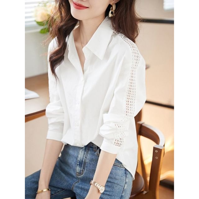 Long Sleeve Lace Trim Solid Shirt
