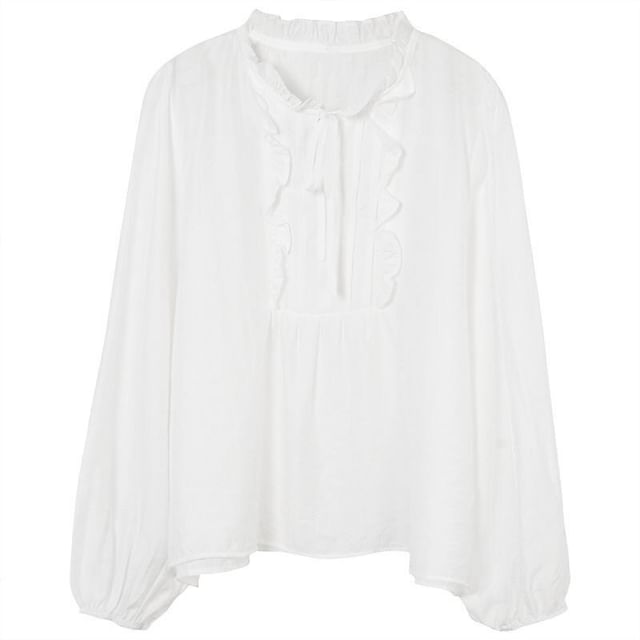 Puff Sleeve Notch Neck Ruffle Blouse in Solid