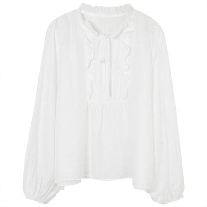 Puff Sleeve Notch Neck Ruffle Blouse in Solid