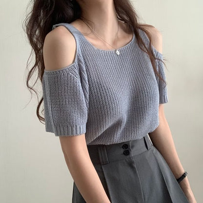 Short Sleeve Cold Shoulder Solid Knit Top