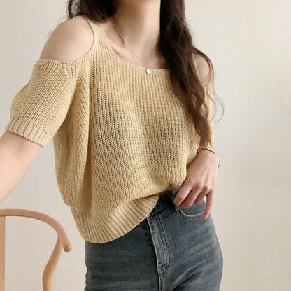 Short Sleeve Cold Shoulder Solid Knit Top