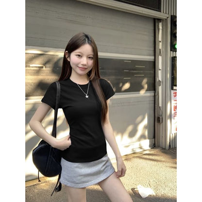 Short Sleeve Crew Neck Ruched Solid T-Shirt
