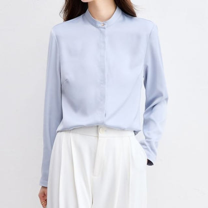 Short Sleeve Band Collar Solid Button-Up Shirt