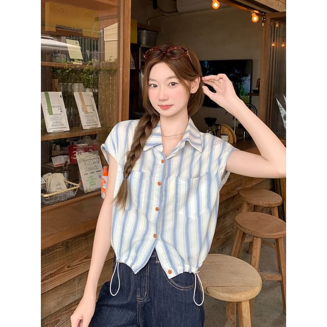 Cap Sleeve Striped Collared Button-Up Shirt